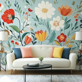 Living Room with Floral Wallpaper and Sofa