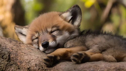 Sleeping Fox Cub on a Branch