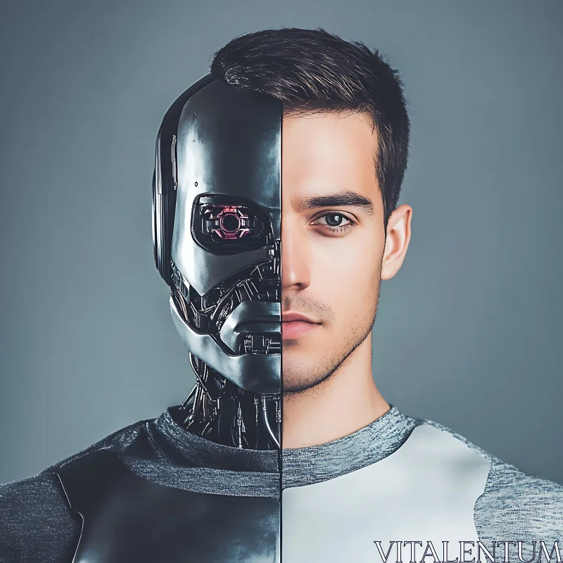 Futuristic Cyborg Portrait: Human-Robot Fusion Art AI Image