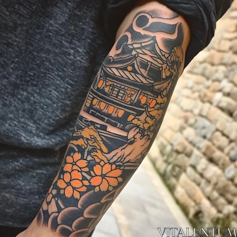 Japanese Traditional Sleeve Tattoo with Temple and Flowers AI Image