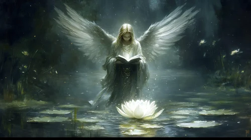 Ethereal Angel and Lotus Flower Painting