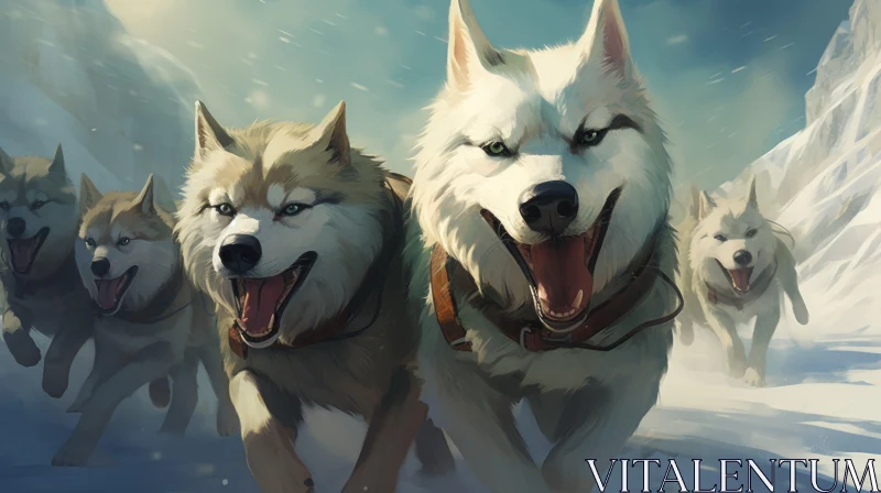 Adventurous Huskies in Snowy Wilderness AI Image