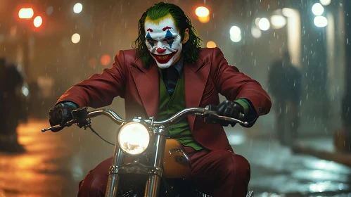 Clown on Motorcycle in Rainy City