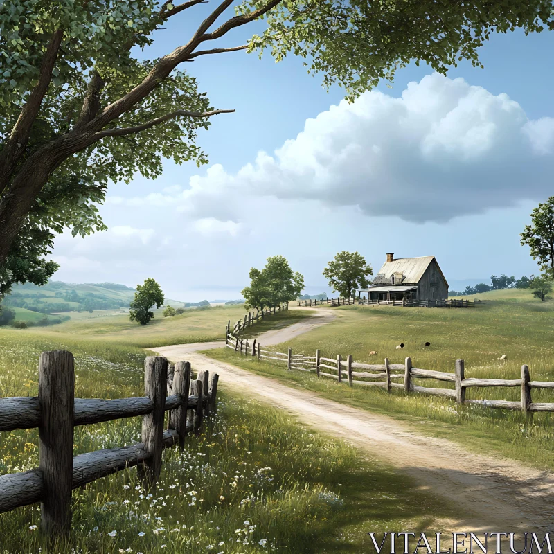 AI ART Rustic Farmhouse Scene with Green Fields