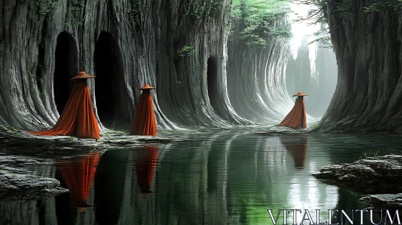 AI ART Forest Reflections: Monks by the Water