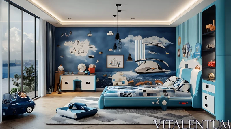 AI ART Blue Themed Modern Kids Room