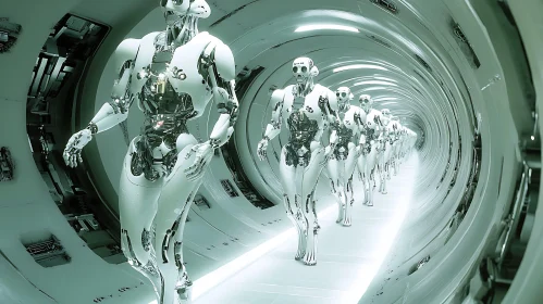 Androids Marching in a Metallic Corridor