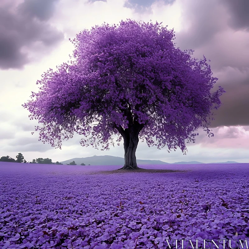 Solitary Tree in Purple Landscape AI Image