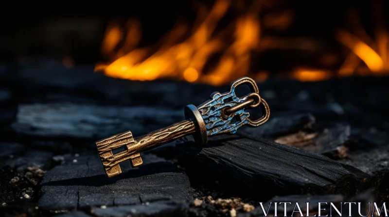 Golden Key in Fire - A Tale of Rustic Mysteries and Masterful Metalworking AI Image