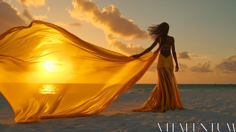 Serene Sunset Beach: Woman in Yellow Dress with Flowing Fabric AI Image