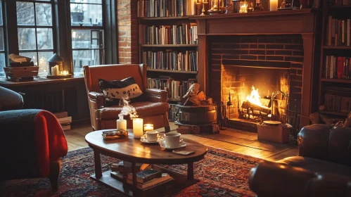 Warm Interior with Fireplace and Books