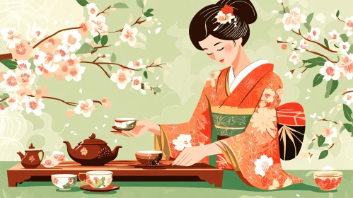 Woman in Kimono Preparing Tea