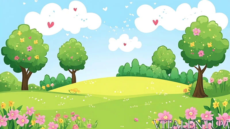 Whimsical Cartoon Landscape with Green Meadow AI Image