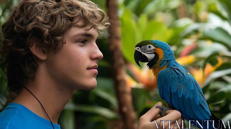 Portrait of a Boy with His Parrot Friend AI Image