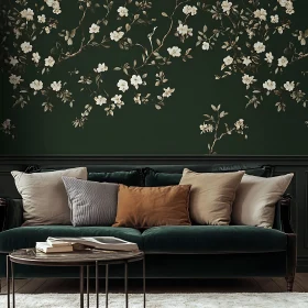 Green Sofa and Floral Wall Interior Design