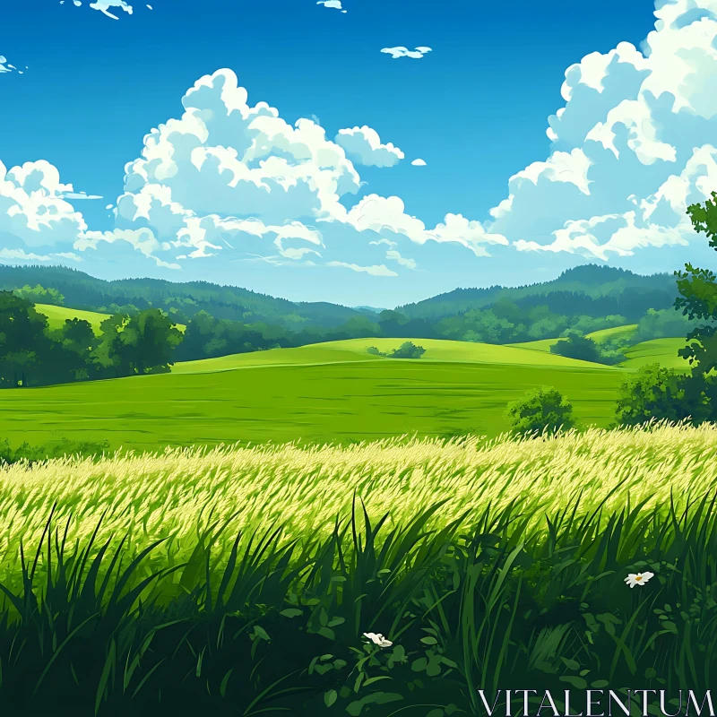 AI ART Green Field Landscape with Blue Sky