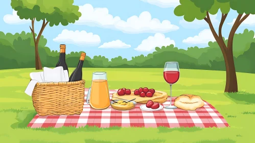 Serene Outdoor Picnic Scene with Wine and Strawberries