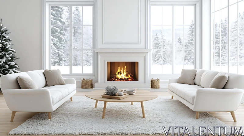 AI ART Cozy Winter Interior with Snow View