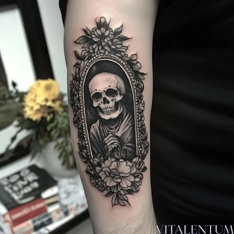 Decorative Skull and Flowers Tattoo Design AI Image