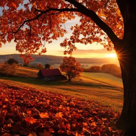 Cabin in Autumn Landscape at Sunset