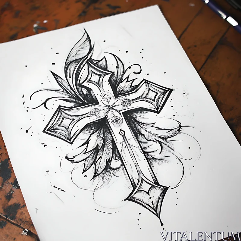 AI ART Intricate Cross with Floral Elements Tattoo Sketch