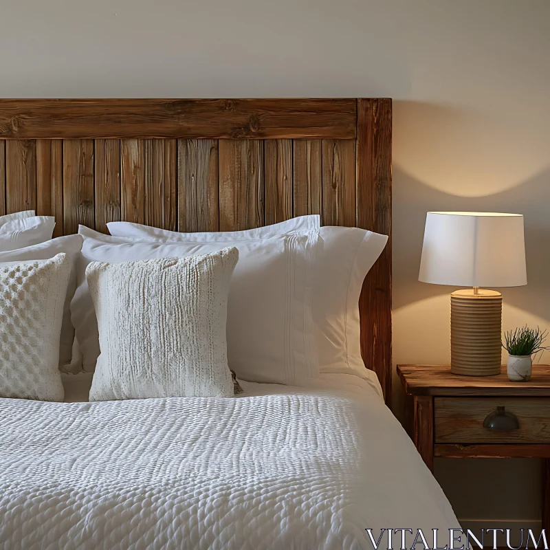 AI ART Cozy Bedroom with Wooden Headboard