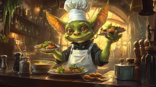 Whimsical Goblin Chef Serving Fantasy Cuisine