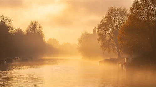 Tranquil Riverside Scene with Boats and Golden Light