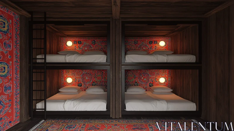 AI ART Comfortable Bunk Beds with Red Textiles