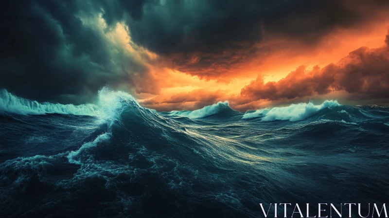 AI ART Stormy Ocean Waves at Fiery Sunset