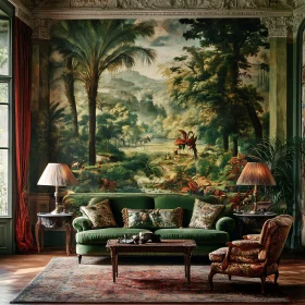 Green Sofa and Tropical Mural Interior