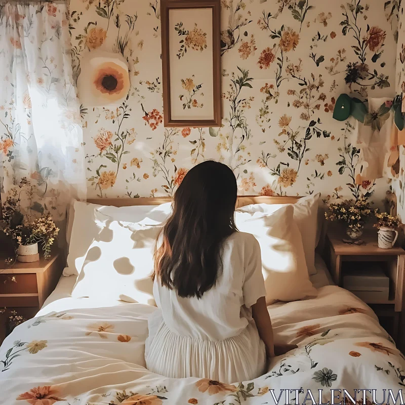 AI ART Woman in Floral Bedroom