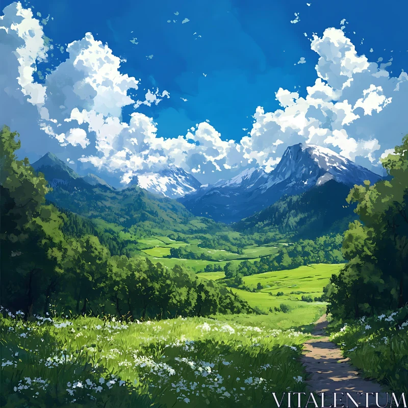 Lush Green Valley and Distant Peaks AI Image