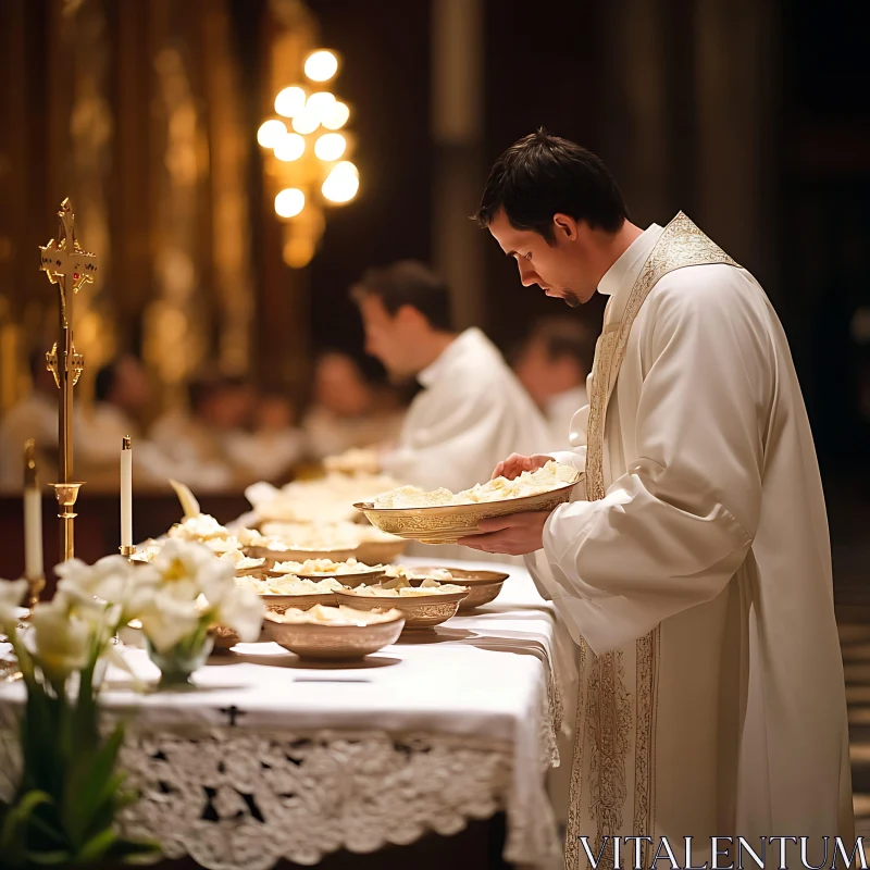 Religious Ceremony: Priest with Bread Offering AI Image