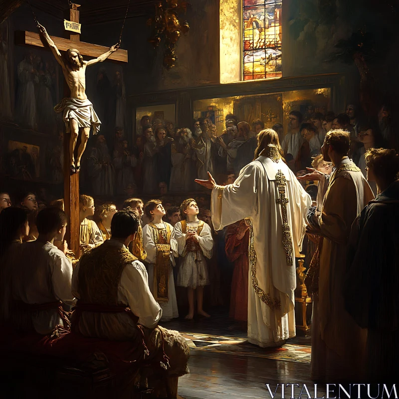 Church Congregation and Crucifix Artwork AI Image