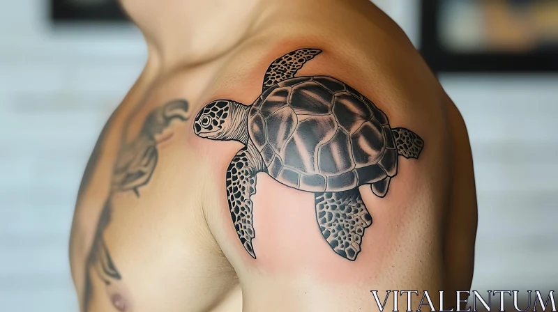 Detailed Black Ink Sea Turtle Tattoo on Shoulder AI Image