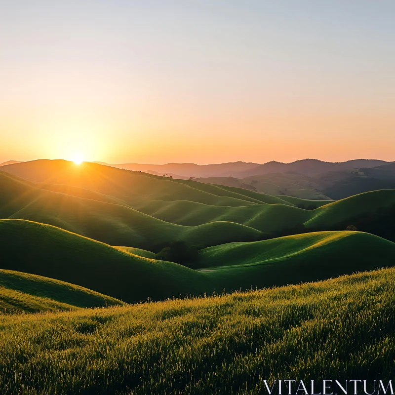 AI ART Sunset over Rolling Green Hills