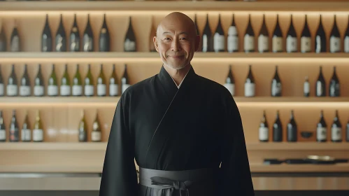 Smiling Man in Traditional Dress with Wine Bottles