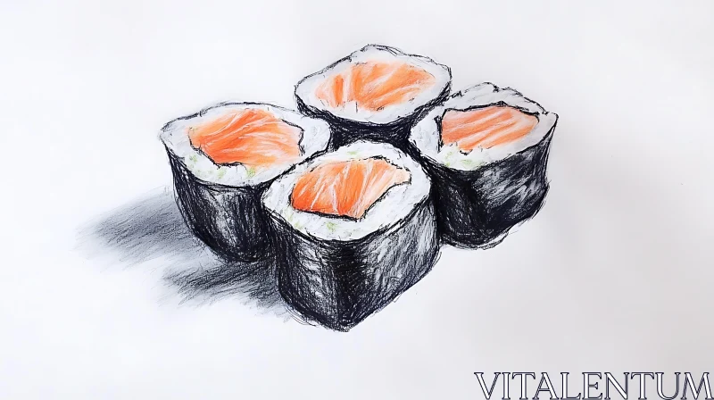 AI ART Salmon Sushi Sketch on White Paper