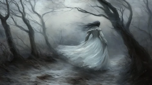 Lady in White Dress in Spooky Forest