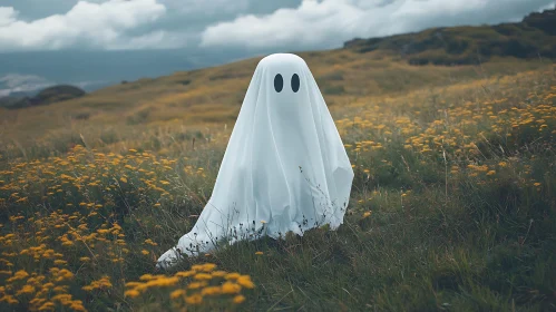 Ghostly Figure Among Wildflowers Scenery