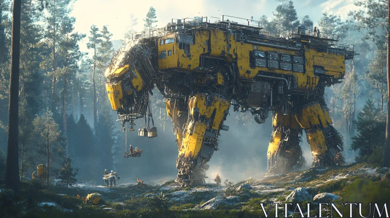 Yellow Robot Walking in Forest AI Image