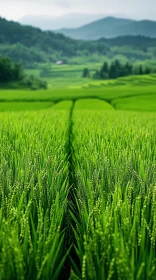 Verdant Rice Field with Misty Hills