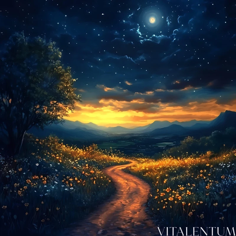 AI ART Starry Night Landscape with Flower Path