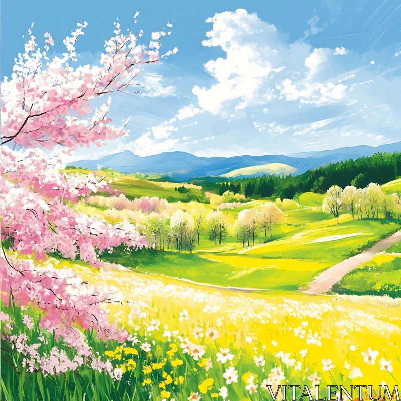 AI ART Springtime Meadow Landscape with Blossoms