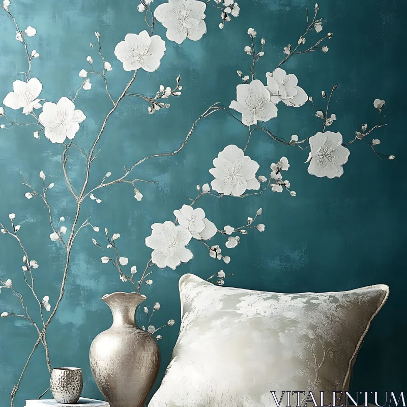 AI ART White Blossom Arrangement on Teal