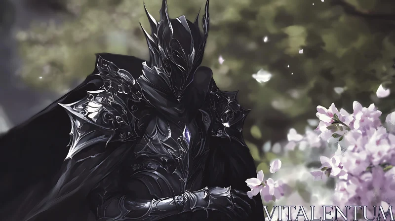 Dark Armor in a Floral Scene AI Image