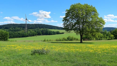 Picturesque Landscape with Tree and Windmill
