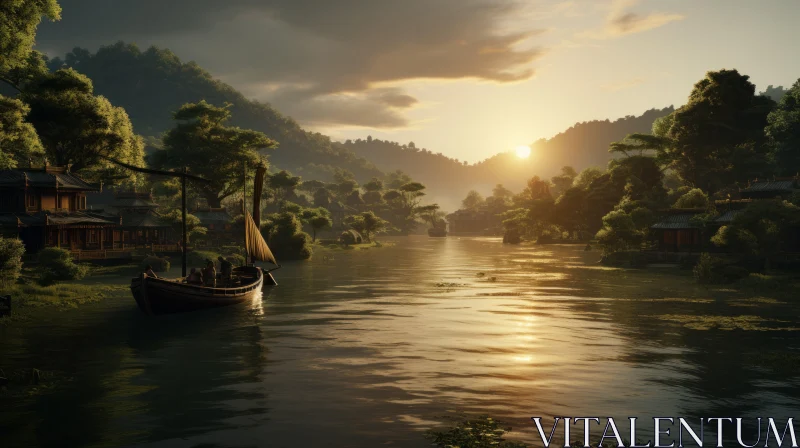 Asian Styled Boat on a River at Sunset - Rendered in Unreal Engine AI Image