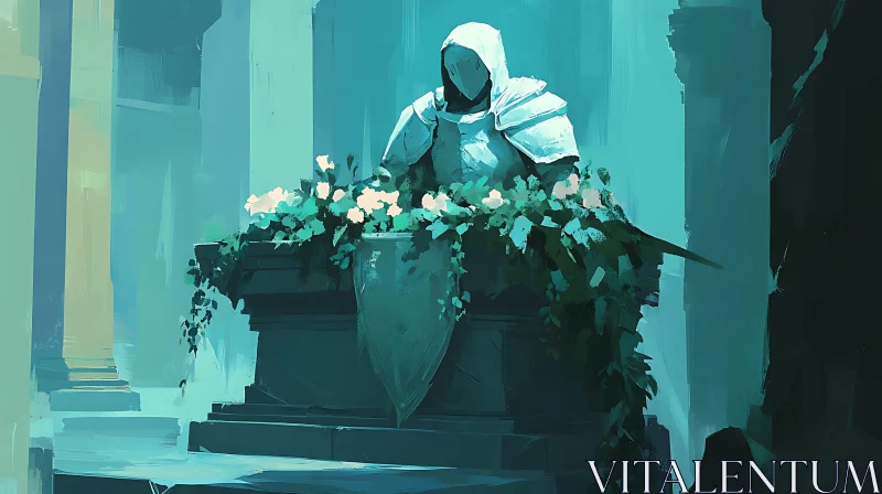 AI ART Hooded Knight Statue Flowers Teal Hues